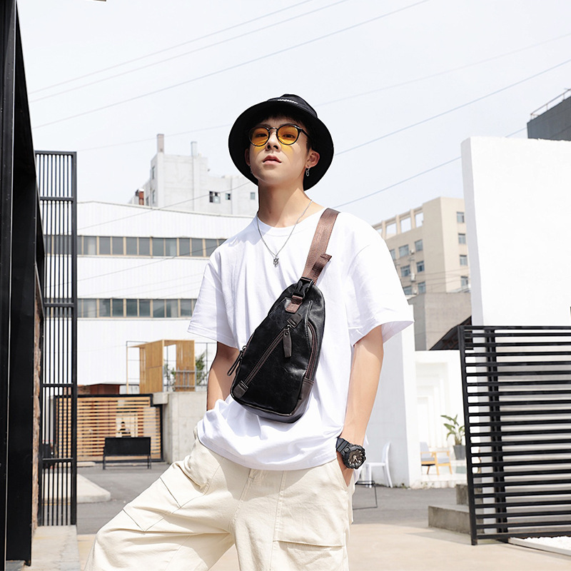 Cycling Commuting - PU leather multi-pocket men's chest bag